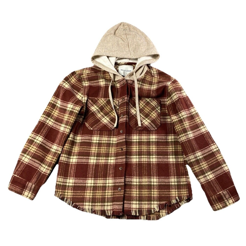 Wallflower Womens Button Up Hooded Shacket M Long Sleeve  Wool Blended